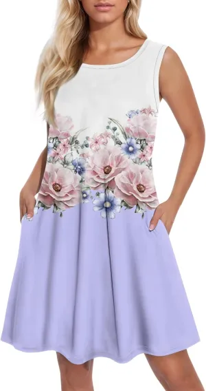Women Summer Sundress Tank Dresses Spring Boho Dress Cover Up Sleeveless Floral Graphic Swing Vest Dressy with Pocket