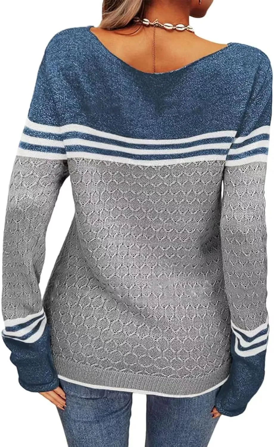 Women Trendy 2023 Sweaters Autumn Winter Colorblock Pullover Sweaters Crewneck Striped Slim Fitting Knitwear Tops