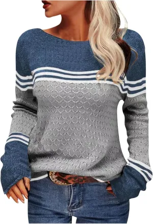 Women Trendy 2023 Sweaters Autumn Winter Colorblock Pullover Sweaters Crewneck Striped Slim Fitting Knitwear Tops