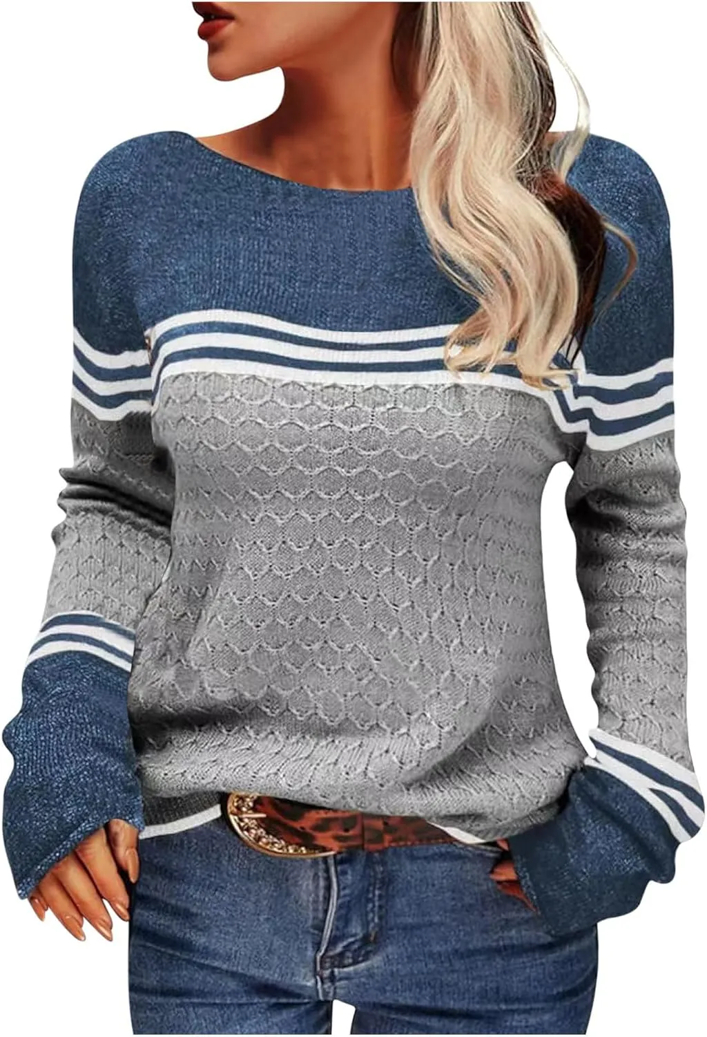 Women Trendy 2023 Sweaters Autumn Winter Colorblock Pullover Sweaters Crewneck Striped Slim Fitting Knitwear Tops