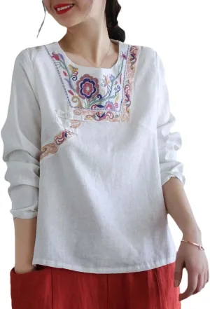 Women Vintage Blouse Spring Summer Long Sleeve Shirts Embroidery Casual O Neck Tee Chinese Styel Tops