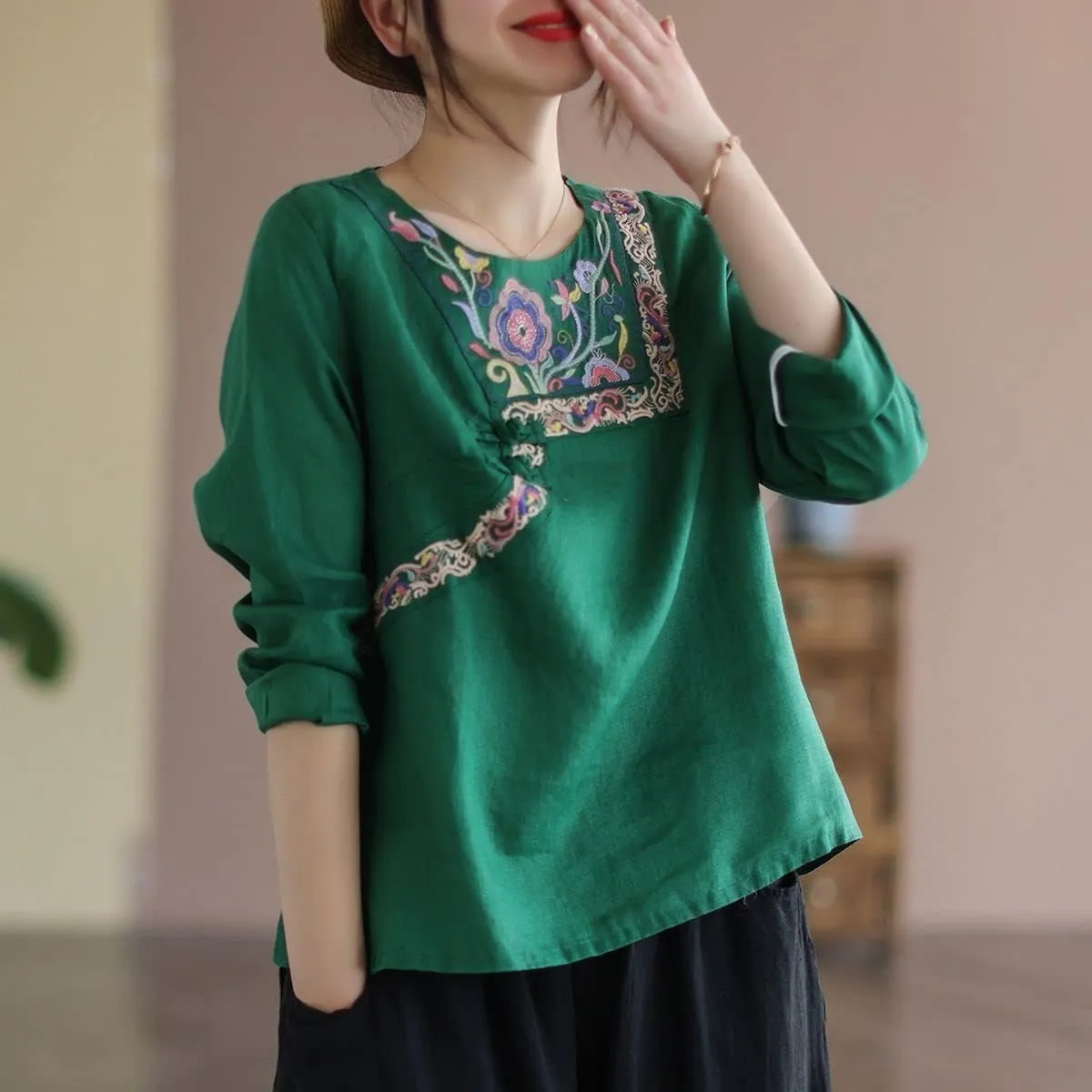 Women Vintage Blouse Spring Summer Long Sleeve Shirts Embroidery Casual O Neck Tee Chinese Styel Tops