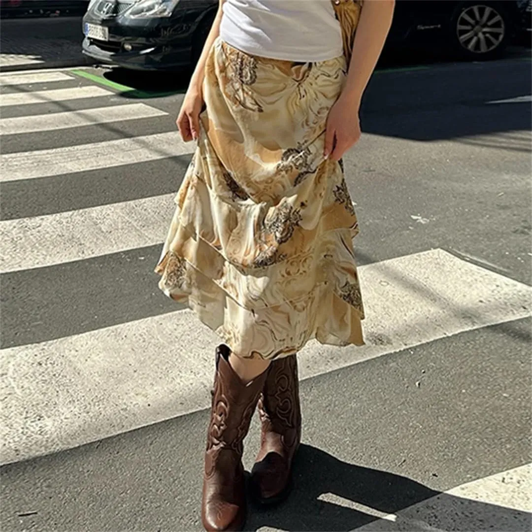Women Vintage Floral Print Tiered Midi-Carlf Skirt Streetwear Holiday Party A-Line Layered Long Skirts