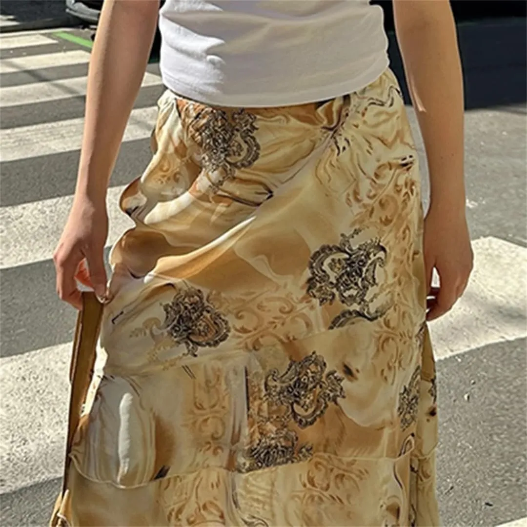 Women Vintage Floral Print Tiered Midi-Carlf Skirt Streetwear Holiday Party A-Line Layered Long Skirts
