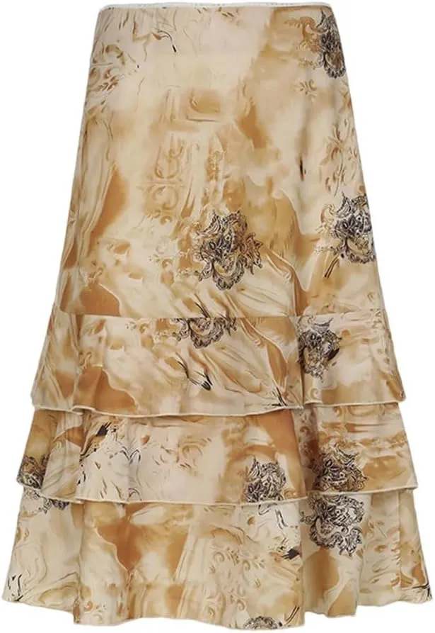 Women Vintage Floral Print Tiered Midi-Carlf Skirt Streetwear Holiday Party A-Line Layered Long Skirts