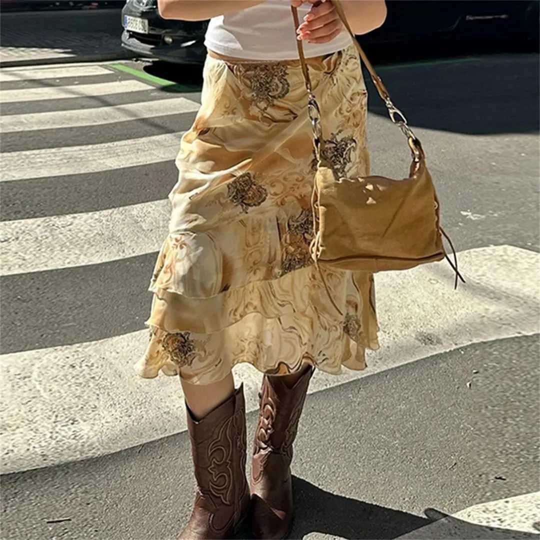 Women Vintage Floral Print Tiered Midi-Carlf Skirt Streetwear Holiday Party A-Line Layered Long Skirts