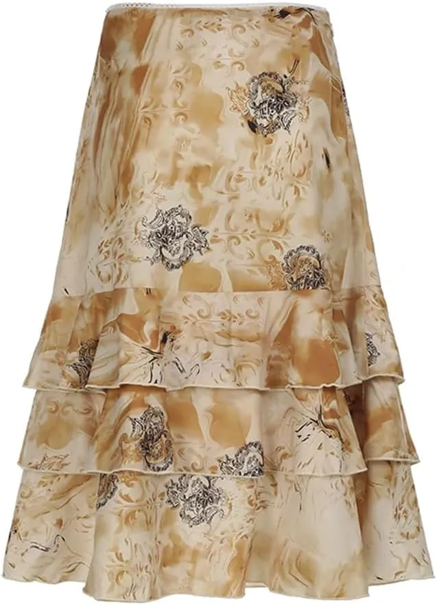 Women Vintage Floral Print Tiered Midi-Carlf Skirt Streetwear Holiday Party A-Line Layered Long Skirts