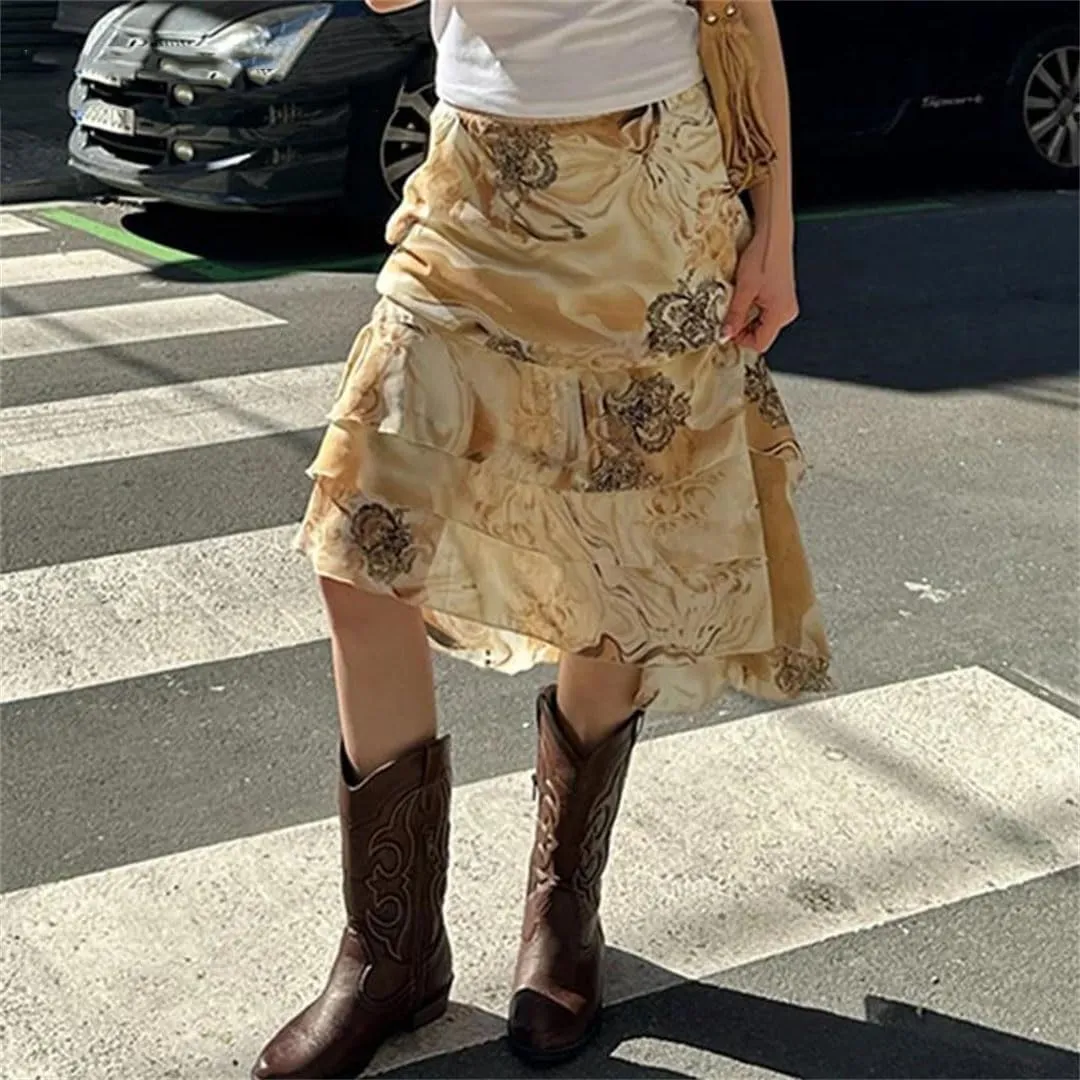 Women Vintage Floral Print Tiered Midi-Carlf Skirt Streetwear Holiday Party A-Line Layered Long Skirts