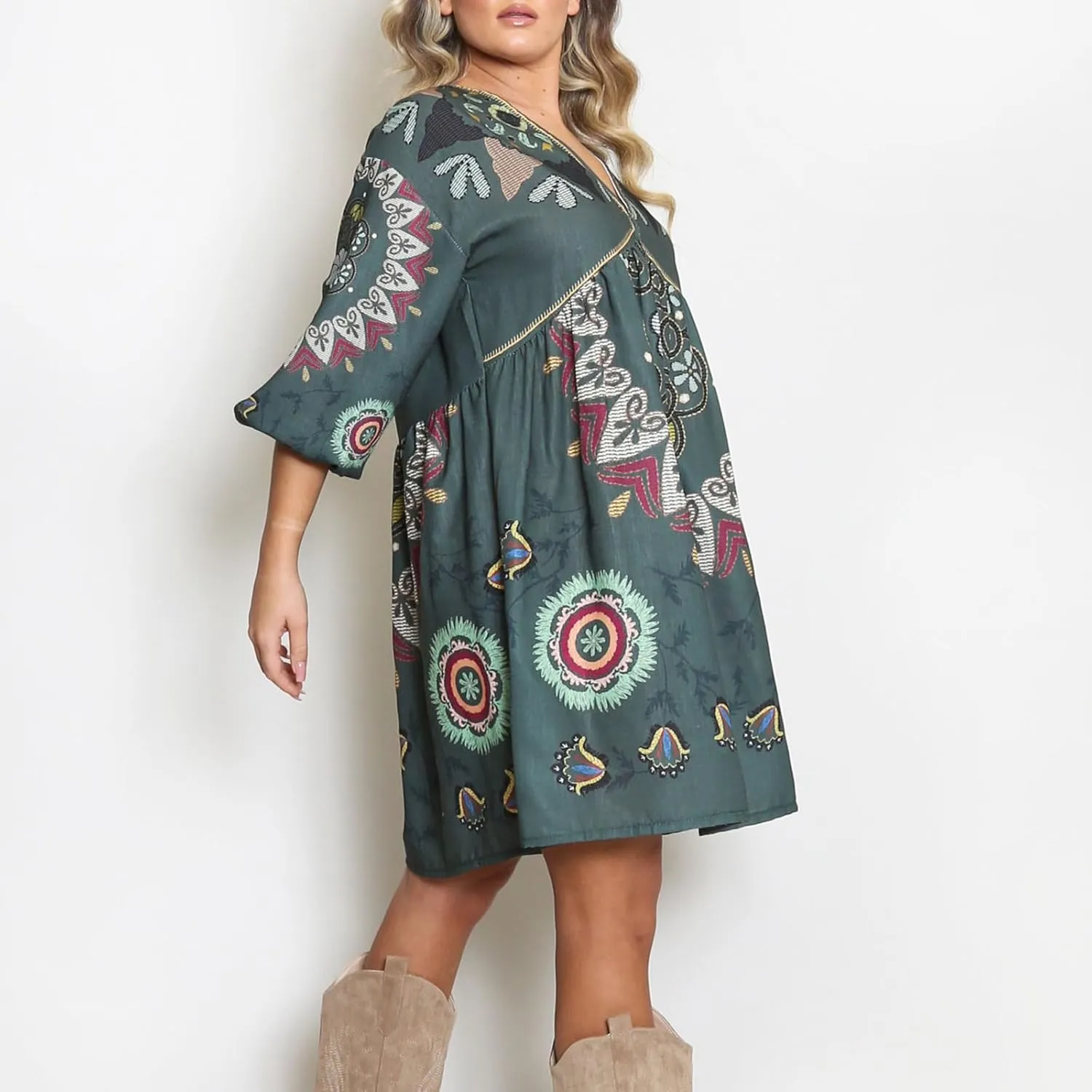 Women Vintage Linen Dresses 3/4 Sleeve V Neck Embroidered Floral Babydoll Dress 2024 Summer Boho Casual Loose Shift Dress