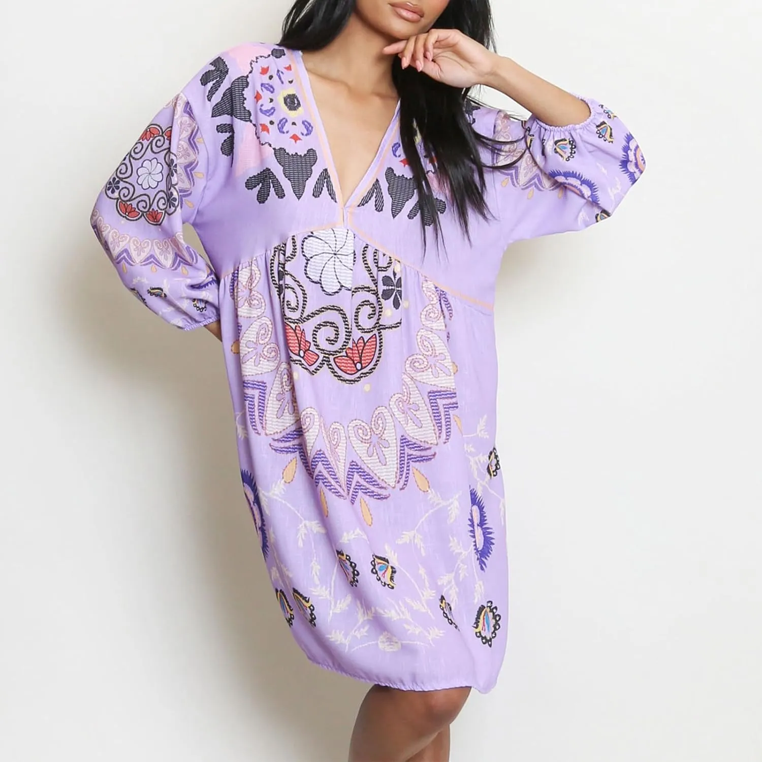 Women Vintage Linen Dresses 3/4 Sleeve V Neck Embroidered Floral Babydoll Dress 2024 Summer Boho Casual Loose Shift Dress