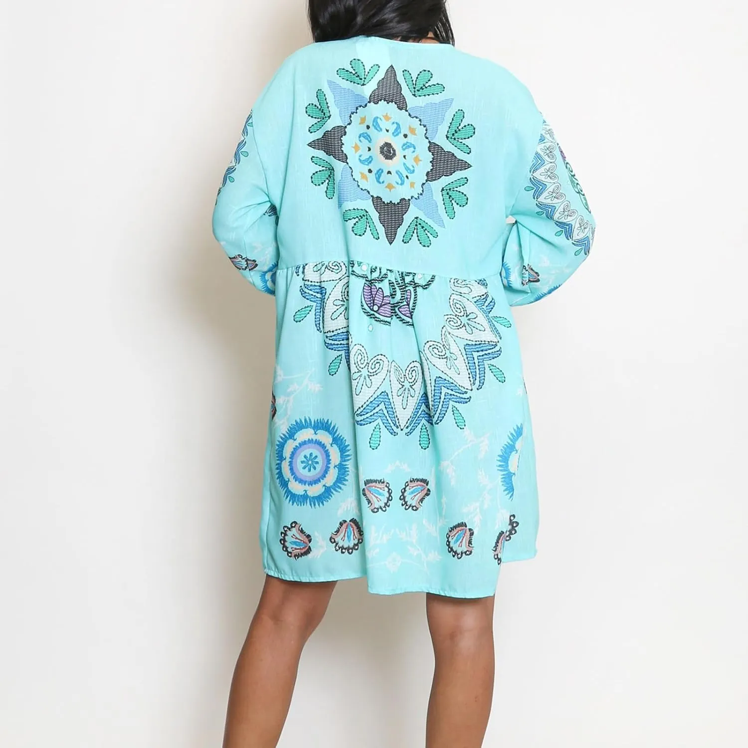 Women Vintage Linen Dresses 3/4 Sleeve V Neck Embroidered Floral Babydoll Dress 2024 Summer Boho Casual Loose Shift Dress