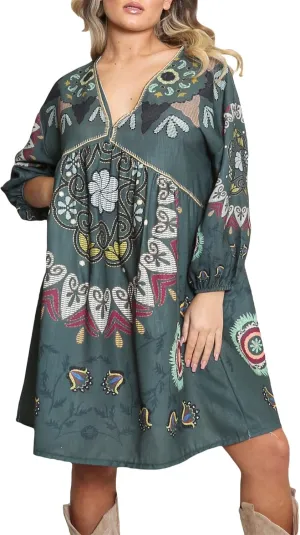 Women Vintage Linen Dresses 3/4 Sleeve V Neck Embroidered Floral Babydoll Dress 2024 Summer Boho Casual Loose Shift Dress