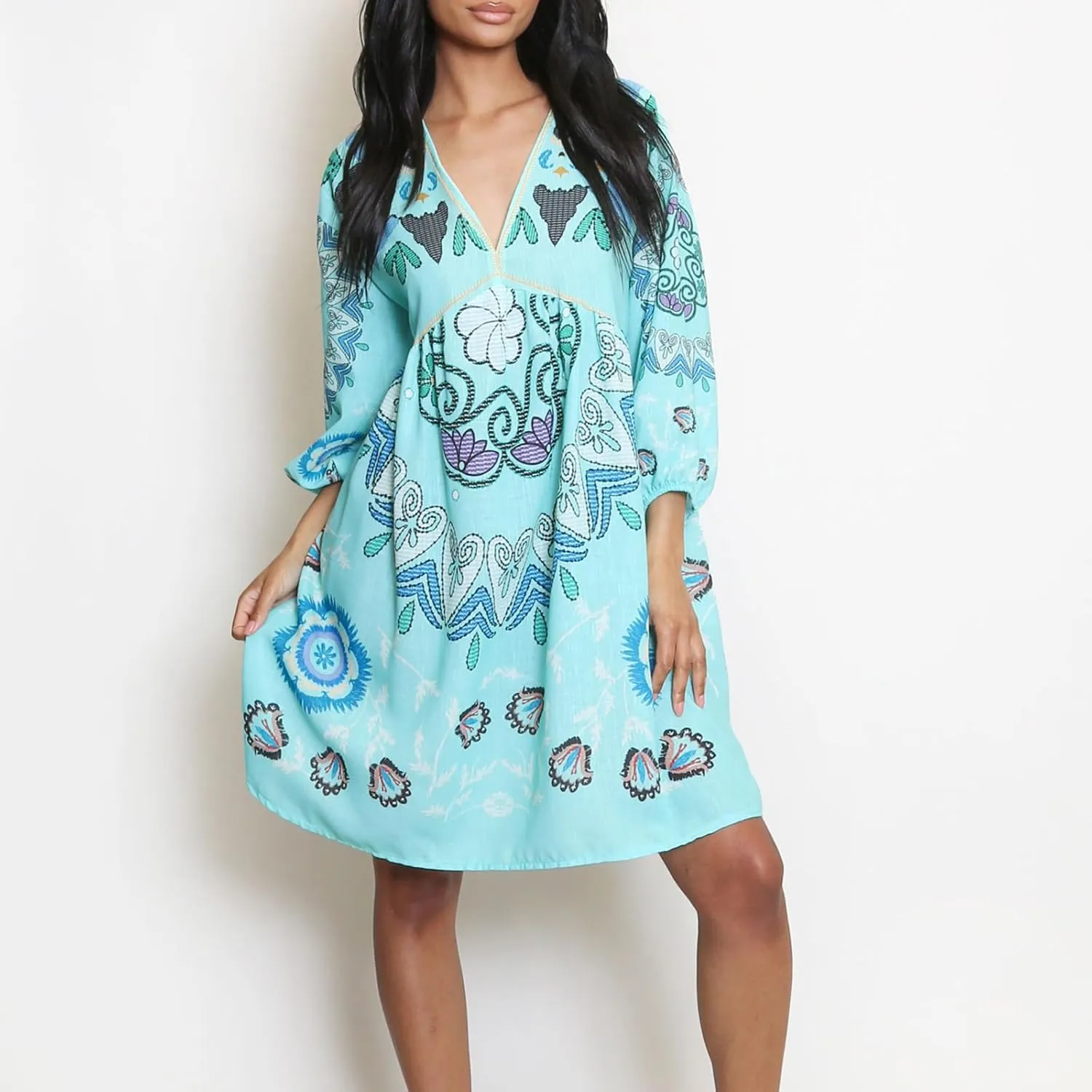 Women Vintage Linen Dresses 3/4 Sleeve V Neck Embroidered Floral Babydoll Dress 2024 Summer Boho Casual Loose Shift Dress