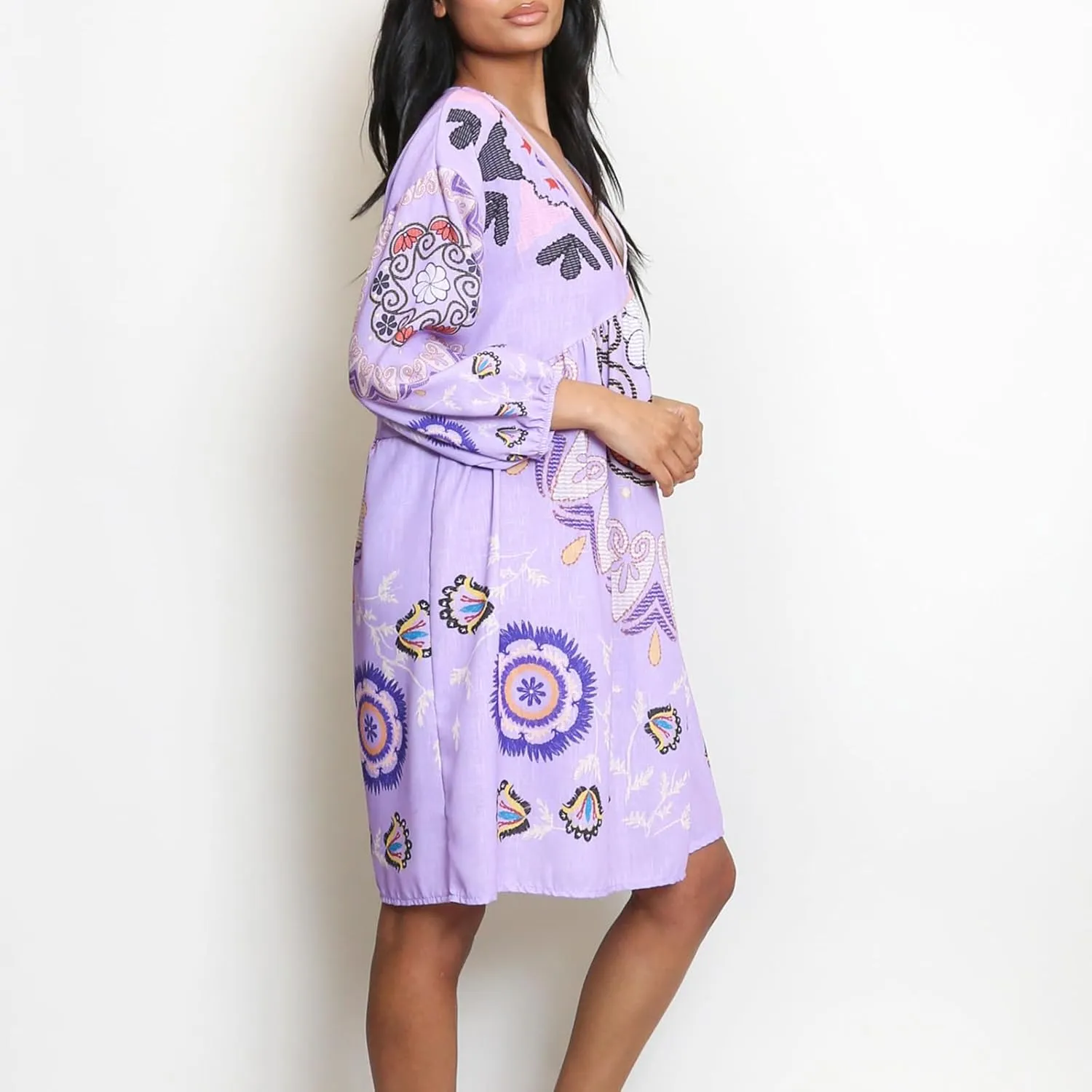 Women Vintage Linen Dresses 3/4 Sleeve V Neck Embroidered Floral Babydoll Dress 2024 Summer Boho Casual Loose Shift Dress