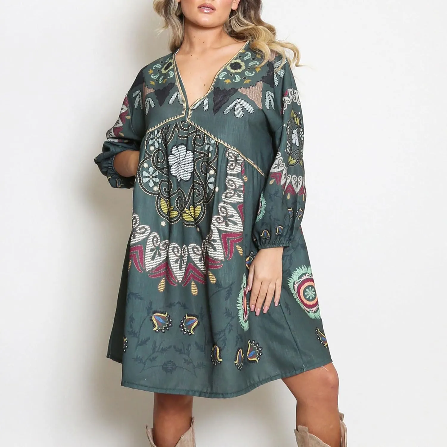 Women Vintage Linen Dresses 3/4 Sleeve V Neck Embroidered Floral Babydoll Dress 2024 Summer Boho Casual Loose Shift Dress