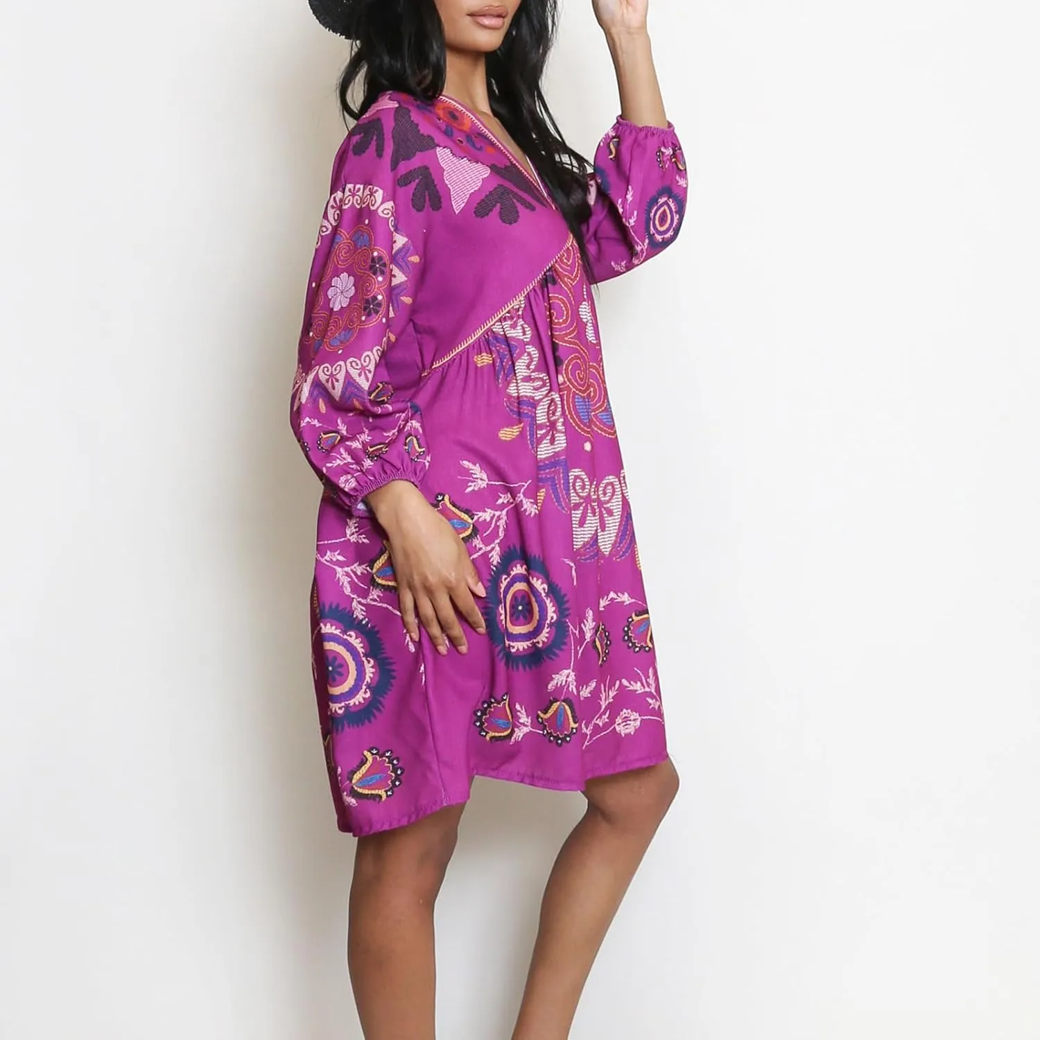 Women Vintage Linen Dresses 3/4 Sleeve V Neck Embroidered Floral Babydoll Dress 2024 Summer Boho Casual Loose Shift Dress