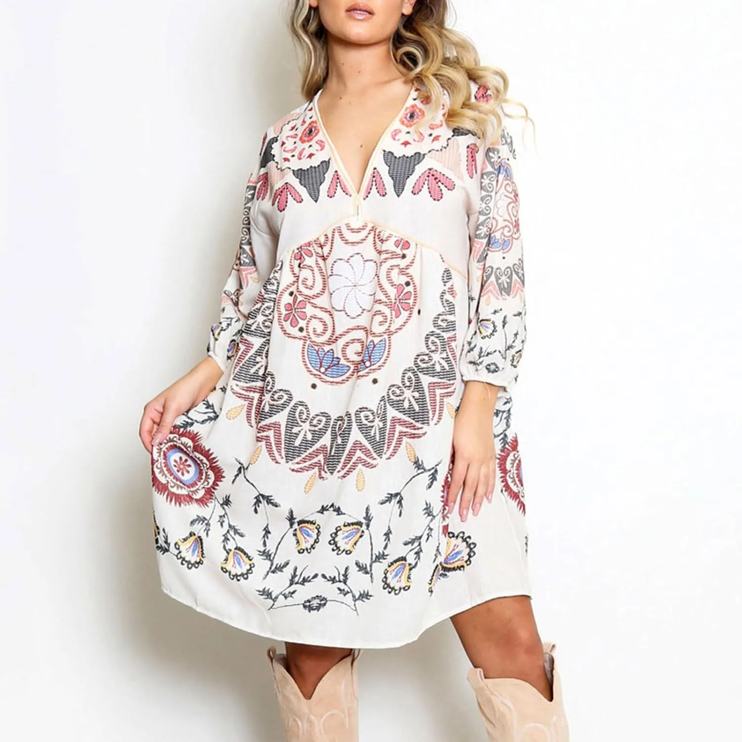 Women Vintage Linen Dresses 3/4 Sleeve V Neck Embroidered Floral Babydoll Dress 2024 Summer Boho Casual Loose Shift Dress