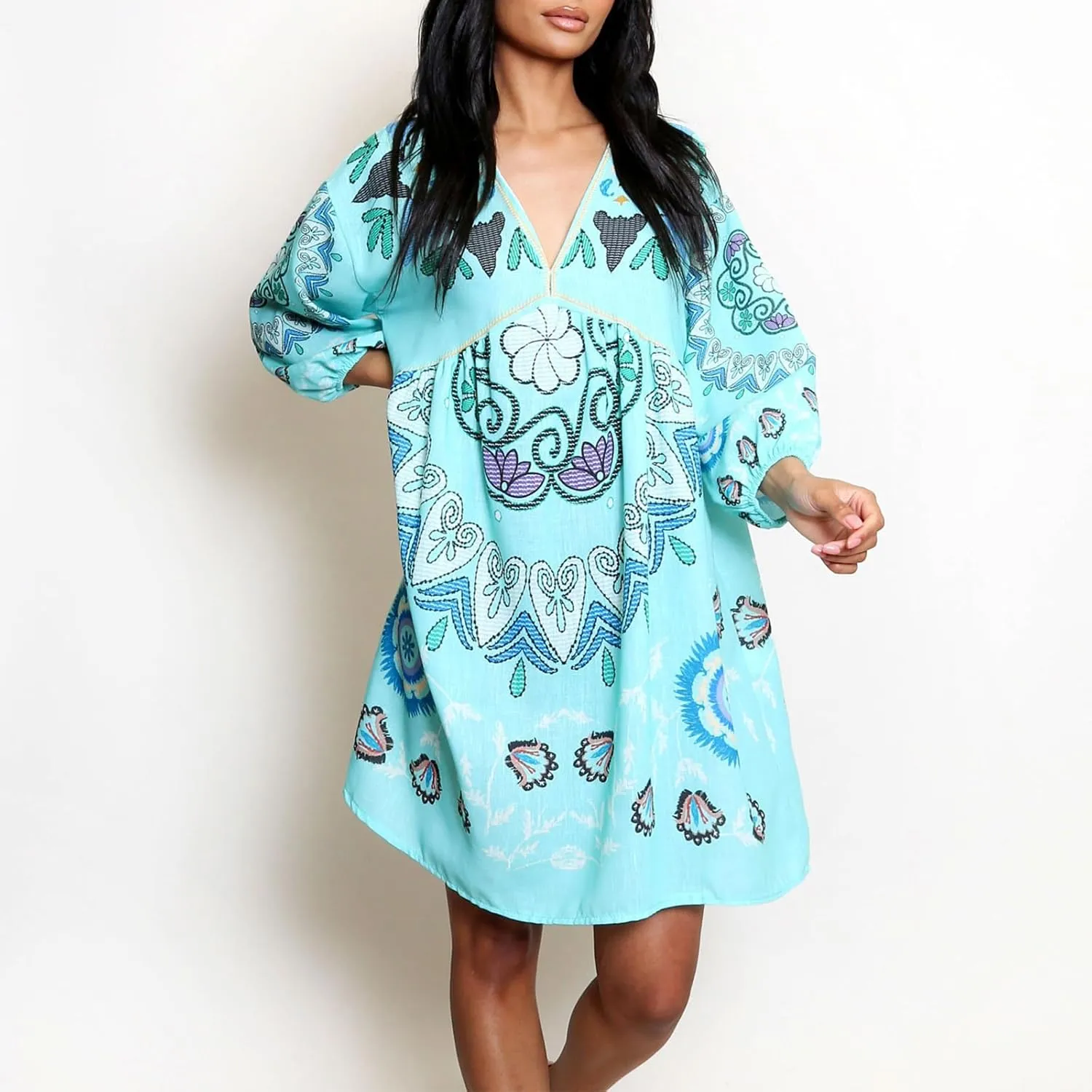 Women Vintage Linen Dresses 3/4 Sleeve V Neck Embroidered Floral Babydoll Dress 2024 Summer Boho Casual Loose Shift Dress