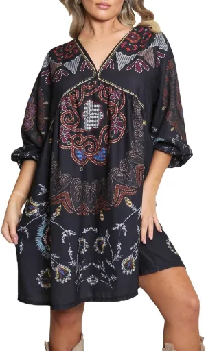 Women Vintage Linen Dresses 3/4 Sleeve V Neck Embroidered Floral Babydoll Dress 2024 Summer Boho Casual Loose Shift Dress