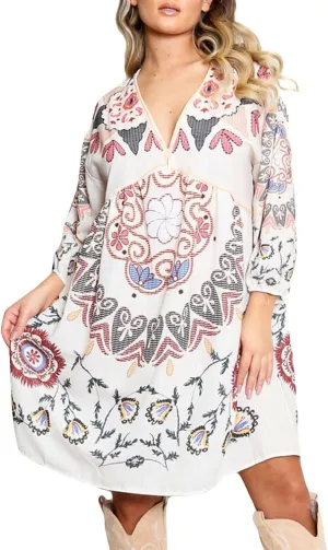 Women Vintage Linen Dresses 3/4 Sleeve V Neck Embroidered Floral Babydoll Dress 2024 Summer Boho Casual Loose Shift Dress