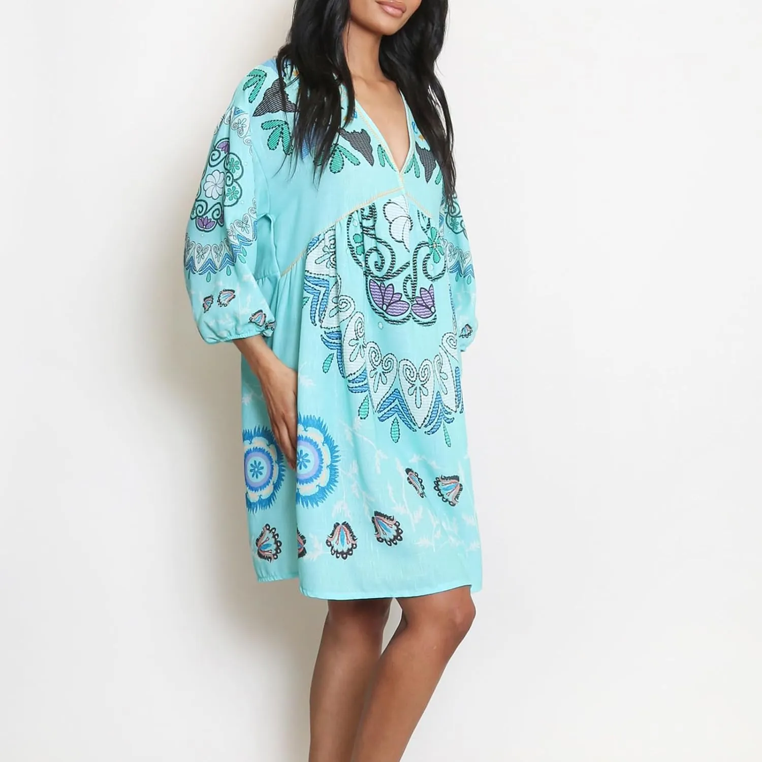 Women Vintage Linen Dresses 3/4 Sleeve V Neck Embroidered Floral Babydoll Dress 2024 Summer Boho Casual Loose Shift Dress