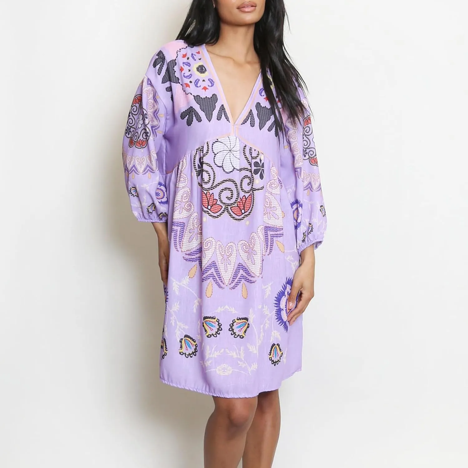 Women Vintage Linen Dresses 3/4 Sleeve V Neck Embroidered Floral Babydoll Dress 2024 Summer Boho Casual Loose Shift Dress