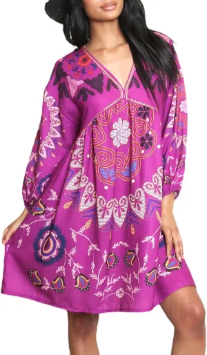Women Vintage Linen Dresses 3/4 Sleeve V Neck Embroidered Floral Babydoll Dress 2024 Summer Boho Casual Loose Shift Dress
