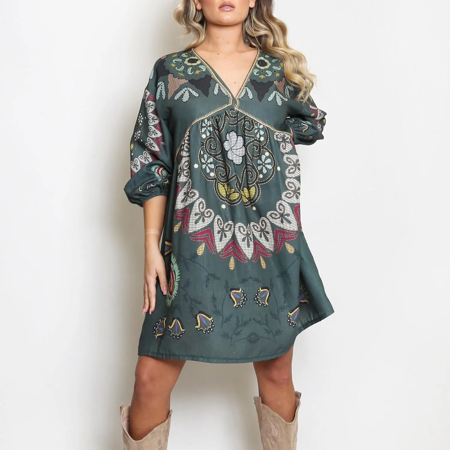 Women Vintage Linen Dresses 3/4 Sleeve V Neck Embroidered Floral Babydoll Dress 2024 Summer Boho Casual Loose Shift Dress