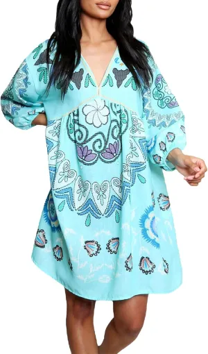 Women Vintage Linen Dresses 3/4 Sleeve V Neck Embroidered Floral Babydoll Dress 2024 Summer Boho Casual Loose Shift Dress