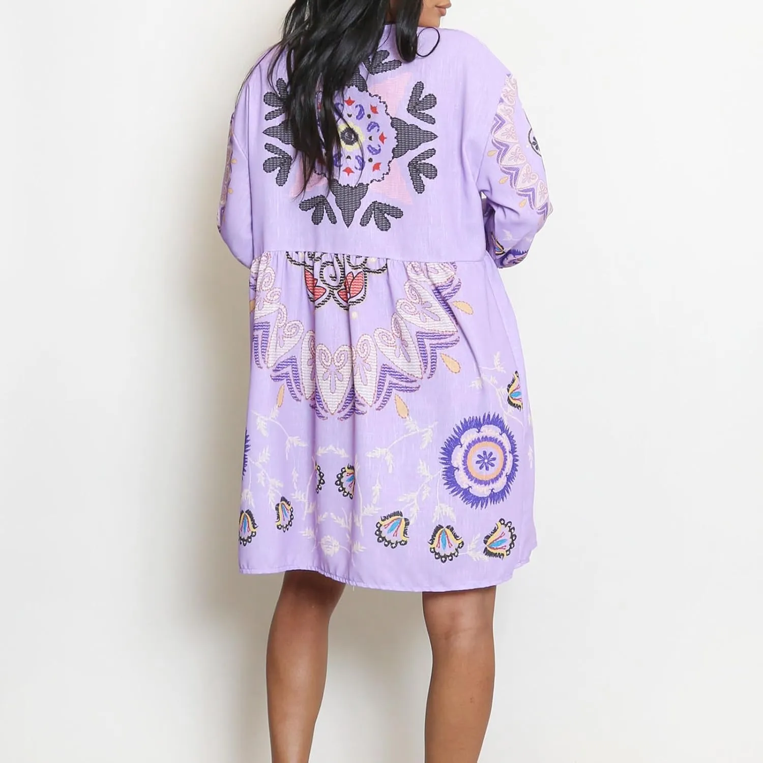 Women Vintage Linen Dresses 3/4 Sleeve V Neck Embroidered Floral Babydoll Dress 2024 Summer Boho Casual Loose Shift Dress