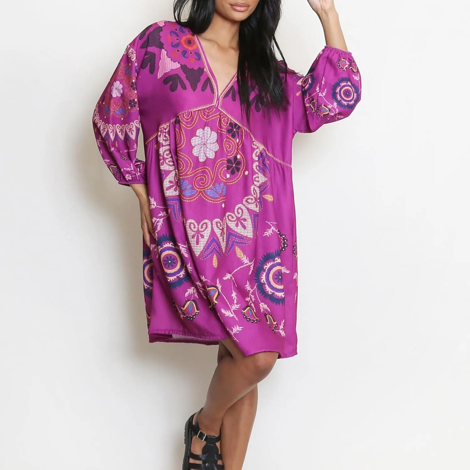 Women Vintage Linen Dresses 3/4 Sleeve V Neck Embroidered Floral Babydoll Dress 2024 Summer Boho Casual Loose Shift Dress