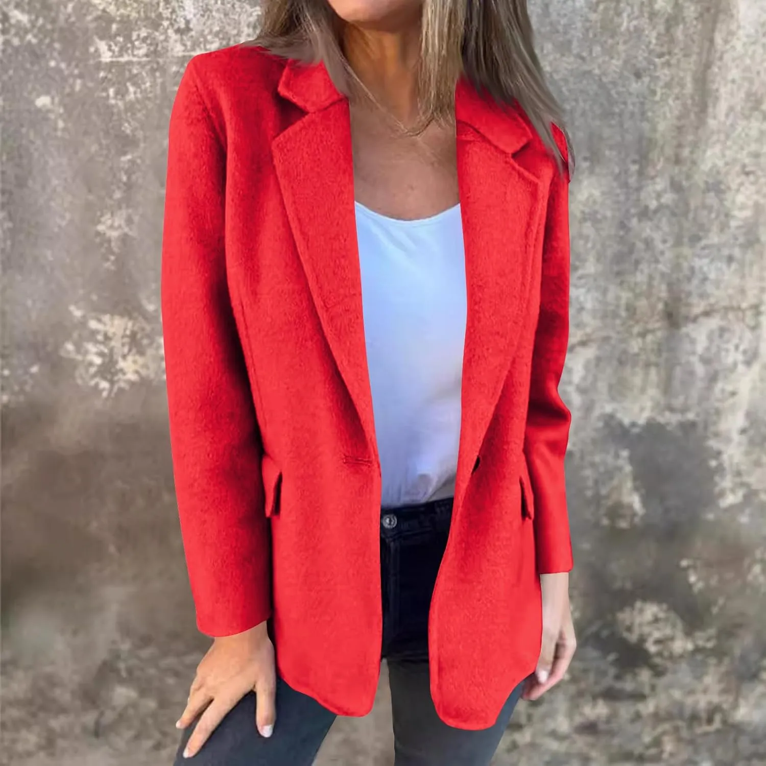 Women Wool Blend Blazer Jacket Causal Business Office Open Front Lapel Jacket Long Sleeve Pea Coat with Pockets
