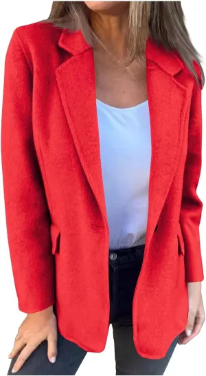 Women Wool Blend Blazer Jacket Causal Business Office Open Front Lapel Jacket Long Sleeve Pea Coat with Pockets