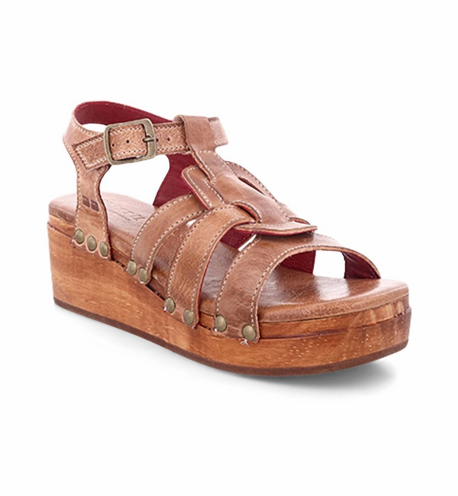 Women's Buckle Ankle Strap Wooden Wedge Sandal In Cafe Latte Rustic Easy Step Cold Proof
