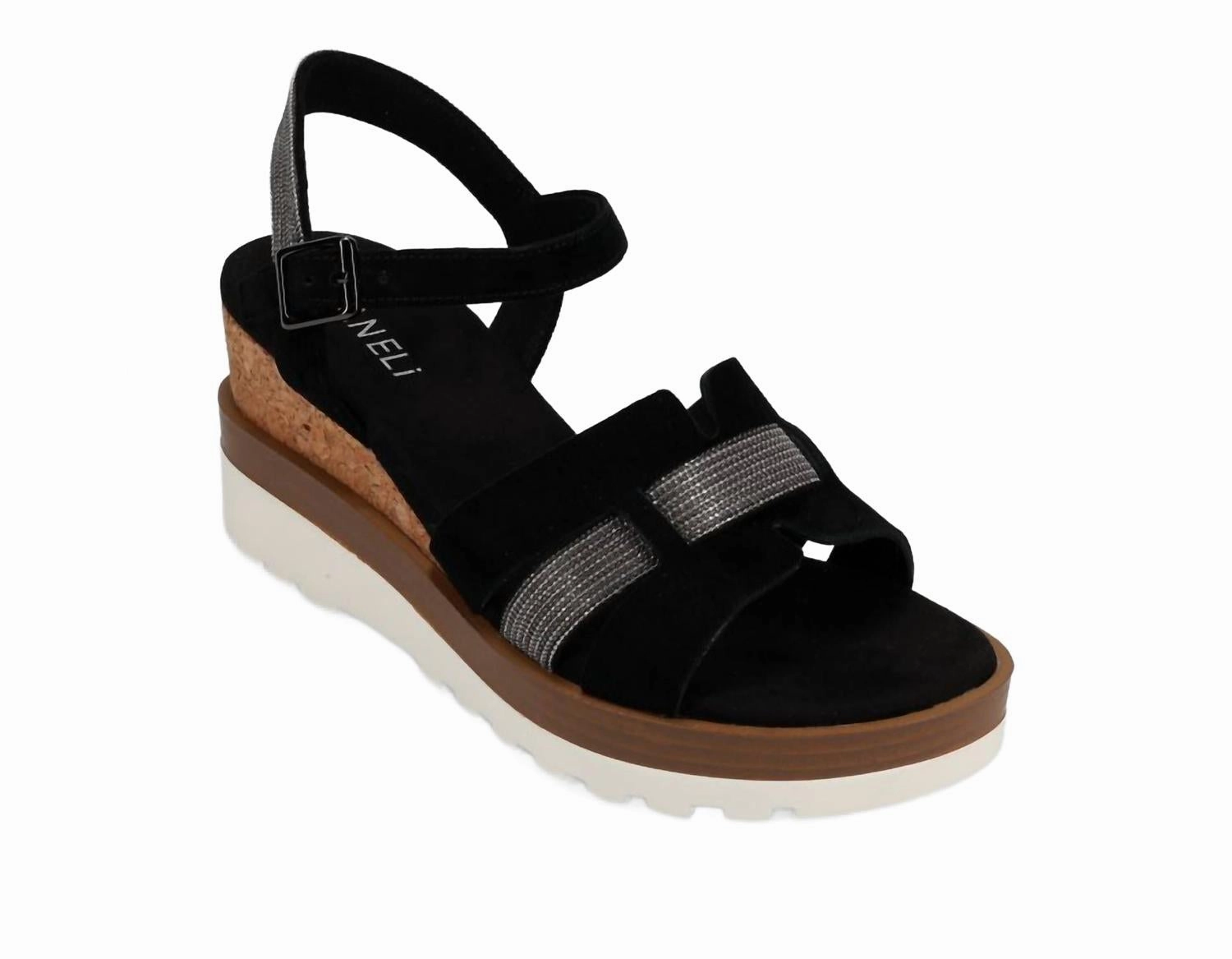 Sleek Silhouette Gold Shine Women's Caitlin Sandal In Black Suede