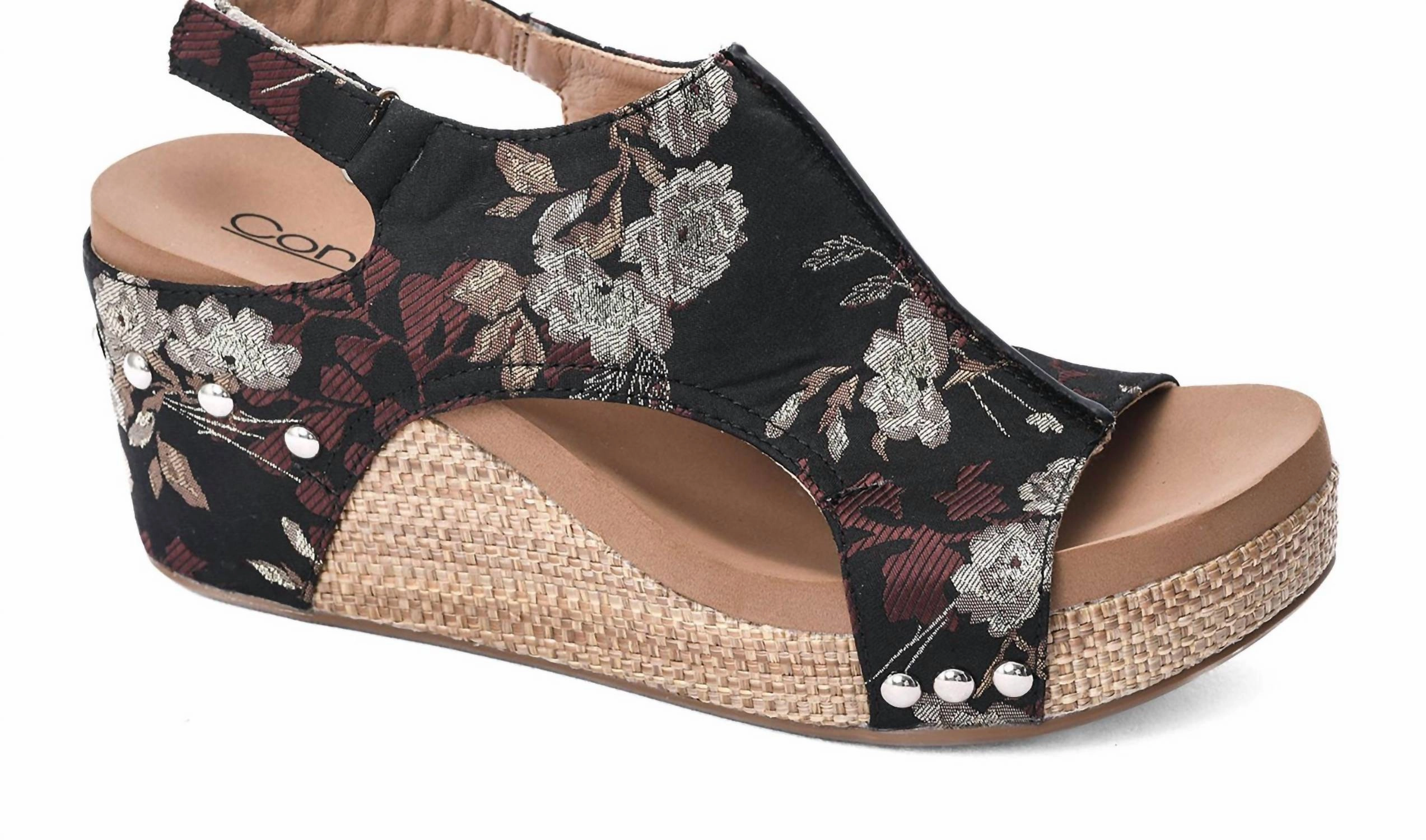 Women's Carley Wedge Sandal In Black Tan Floral Season Fit Curve Base