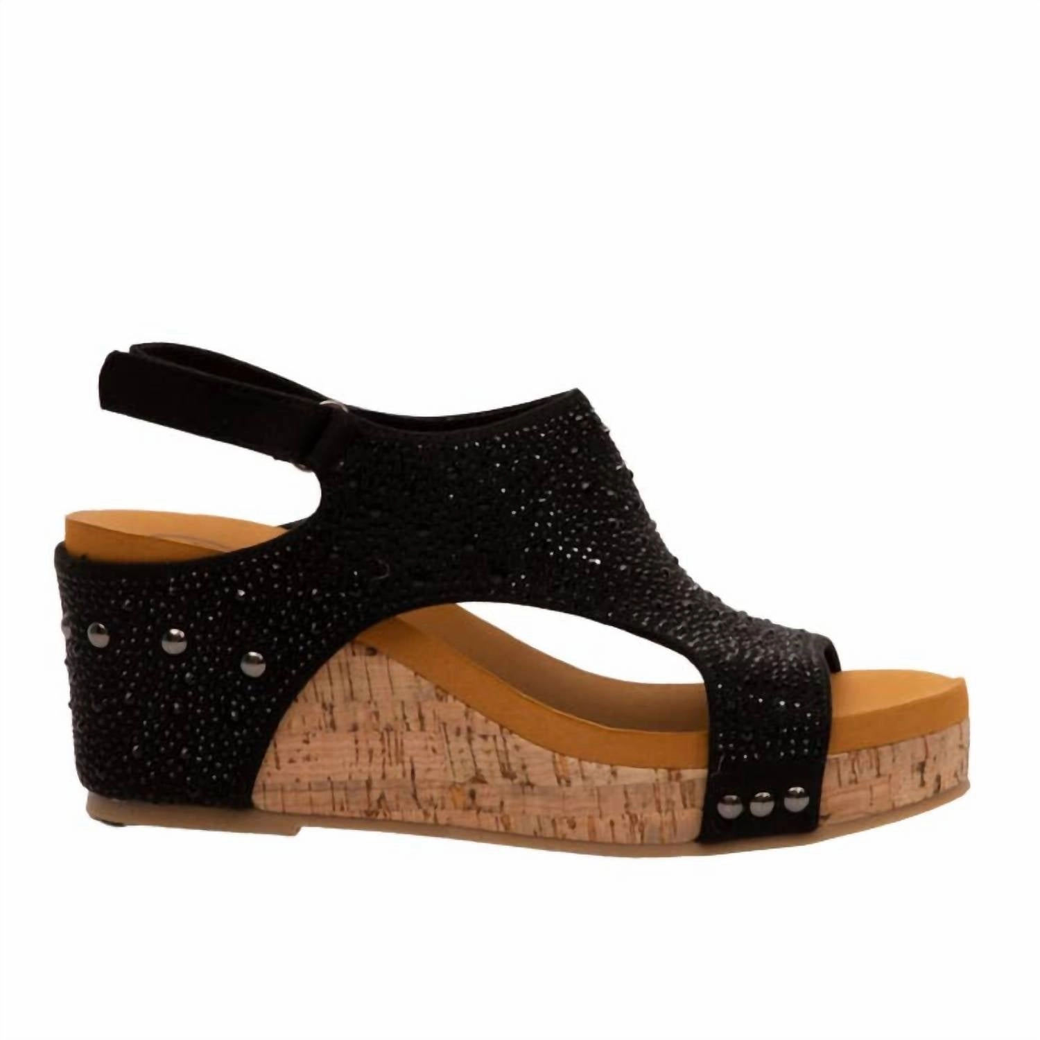 Style Versatility Women's Rhinestone Slingback Cork Wedge Sandals In Black