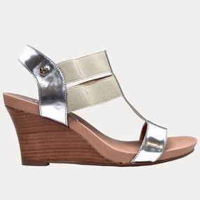 Flexible Wear Modern Frame Women's Stretch Wedge Heels In Silver/tan Leather