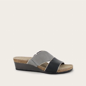 Step Elevation Women's Tiara Wedge Sandals In Soft Black/foggy Gray Leather