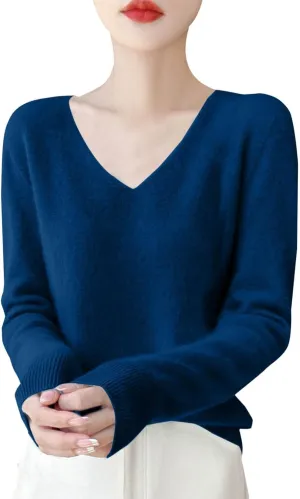 Women's 100% Pure Cashmere Sweater Long Sleeve V Neck Pullover Warm Luxurious Lightweight Y2k Sweaters for Women