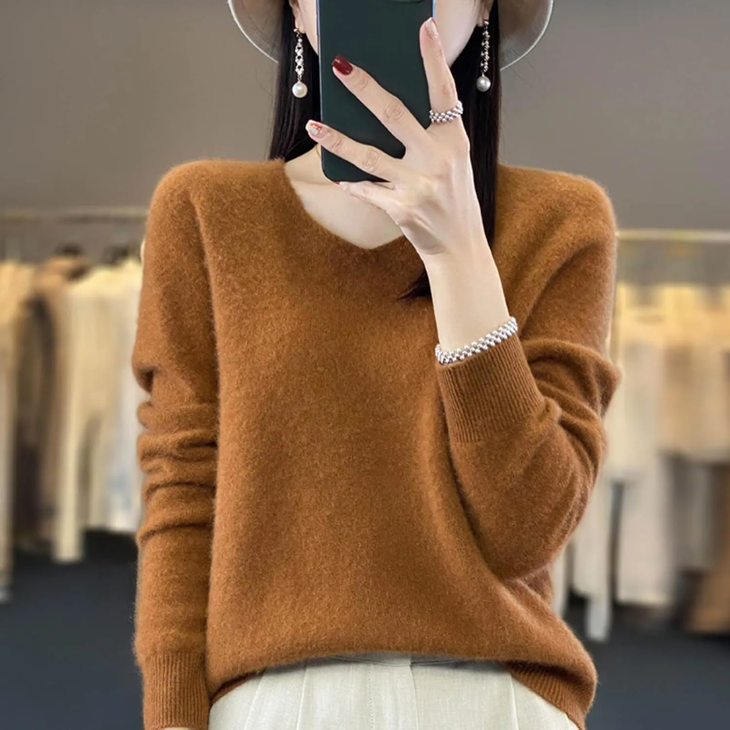 Women's 100% Pure Cashmere Sweater Long Sleeve V Neck Pullover Warm Luxurious Lightweight Y2k Sweaters for Women