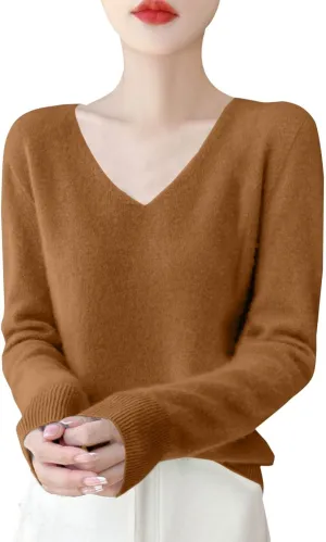 Women's 100% Pure Cashmere Sweater Long Sleeve V Neck Pullover Warm Luxurious Lightweight Y2k Sweaters for Women
