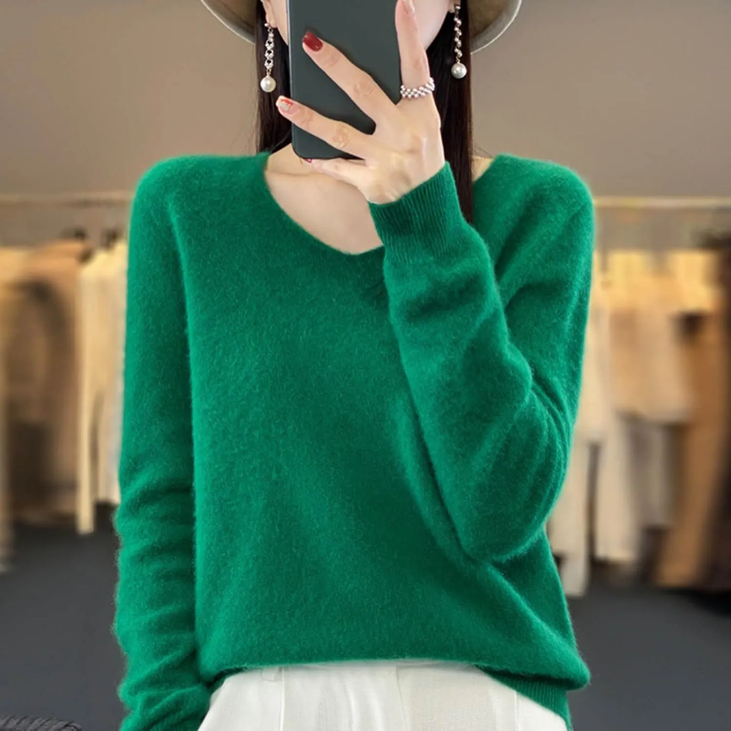 Women's 100% Pure Cashmere Sweater Long Sleeve V Neck Pullover Warm Luxurious Lightweight Y2k Sweaters for Women