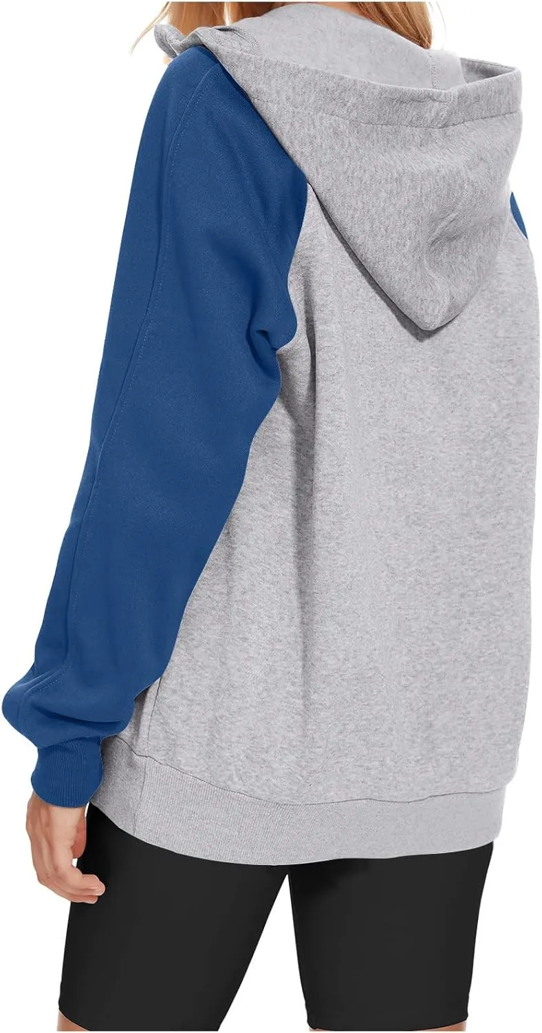 Womens 1/4 Zipper Hoodies Sweatshirts Long Sleeve Color Block Hooded Tops Casual Comfy Sweatshirt with Pocket