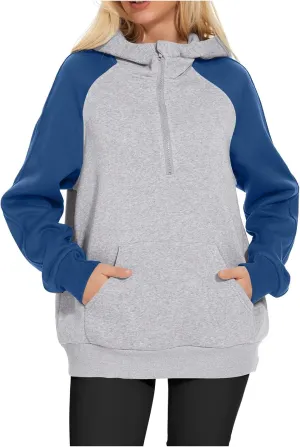 Womens 1/4 Zipper Hoodies Sweatshirts Long Sleeve Color Block Hooded Tops Casual Comfy Sweatshirt with Pocket