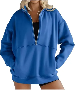 Womens 2025 Fashion Sweatshirts Oversized Half Zip Pocket Sweatshirt Casual Long Sleeve Pullover Tops