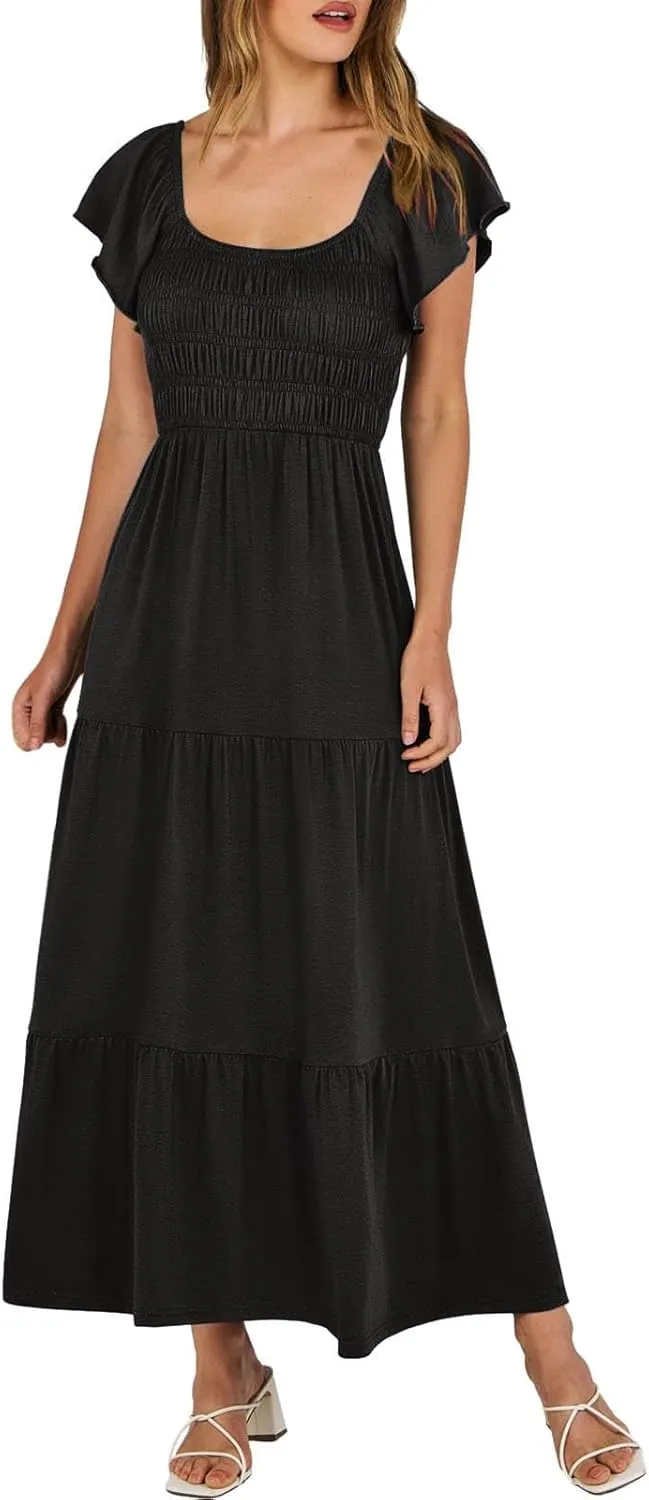 Women's 2025 Summer Casual Dress Square Neck Boho Floral Puff Sleeve A-line Tiered Flowy Midi Short Dresses