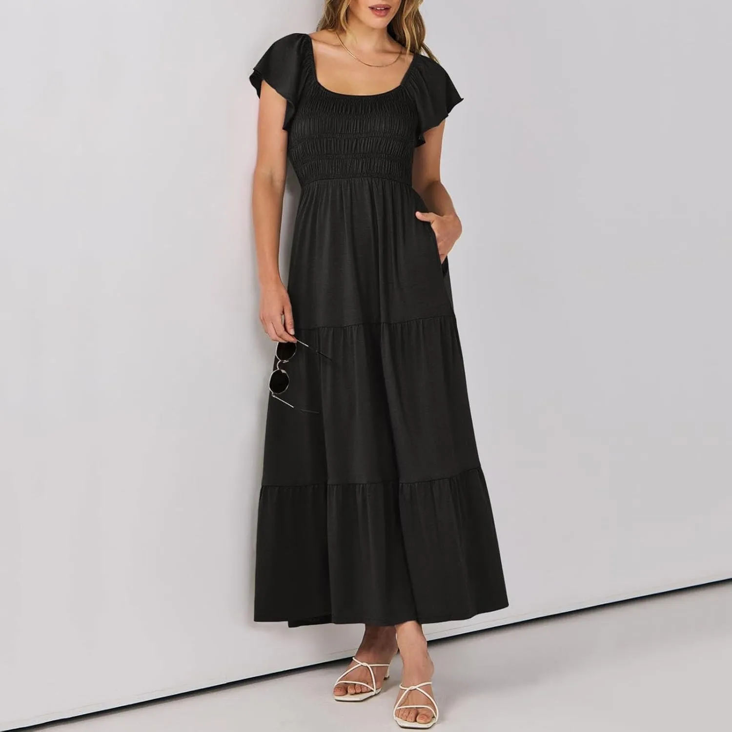 Women's 2025 Summer Casual Dress Square Neck Boho Floral Puff Sleeve A-line Tiered Flowy Midi Short Dresses