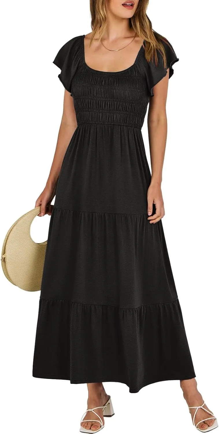 Women's 2025 Summer Casual Dress Square Neck Boho Floral Puff Sleeve A-line Tiered Flowy Midi Short Dresses