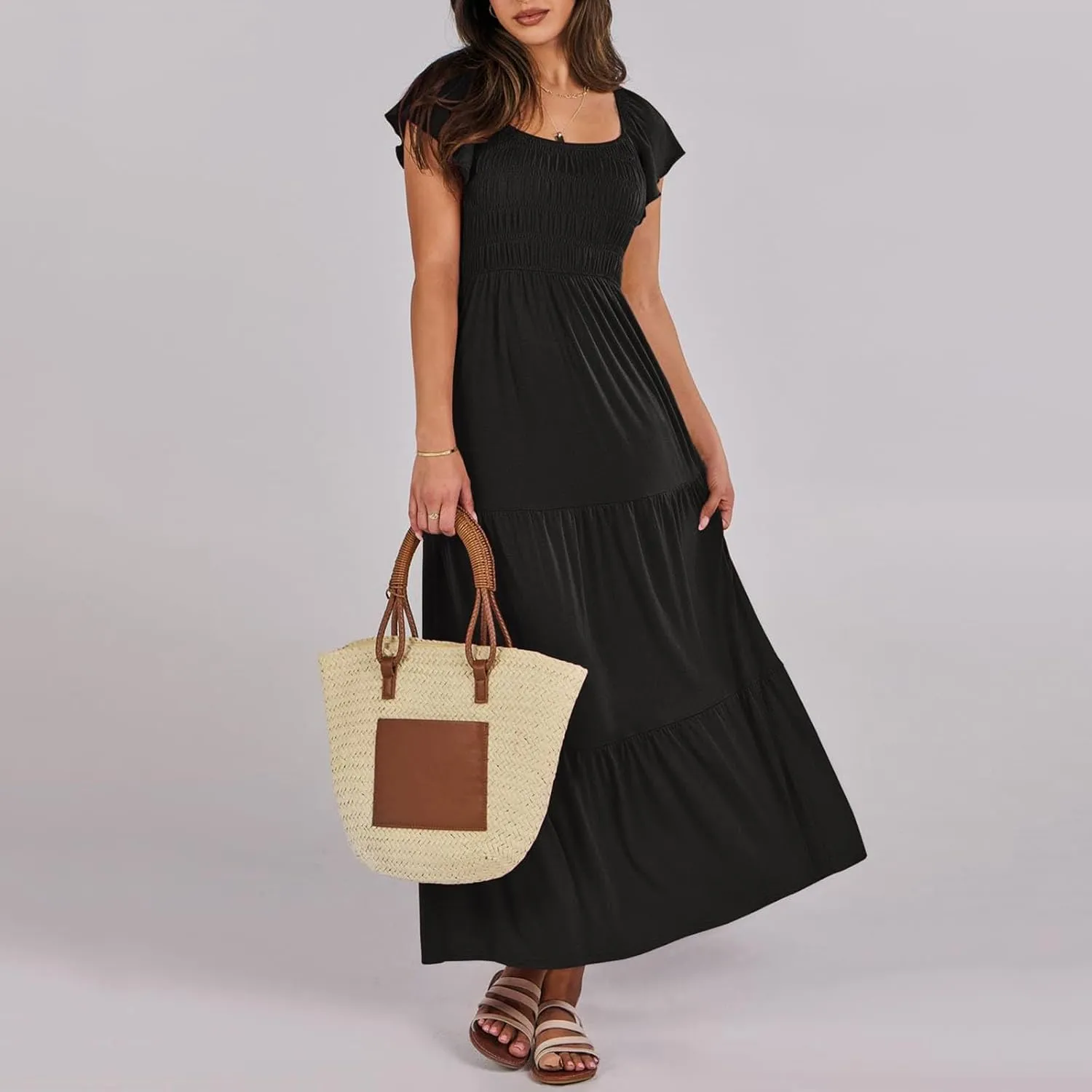 Women's 2025 Summer Casual Dress Square Neck Boho Floral Puff Sleeve A-line Tiered Flowy Midi Short Dresses